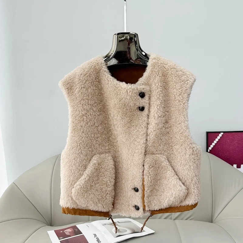 2025 Herbst/Winter Neuankömmling Lammfell-Manteljacke Damen Loose-Fit Wolle Stilvolle Weste PT508