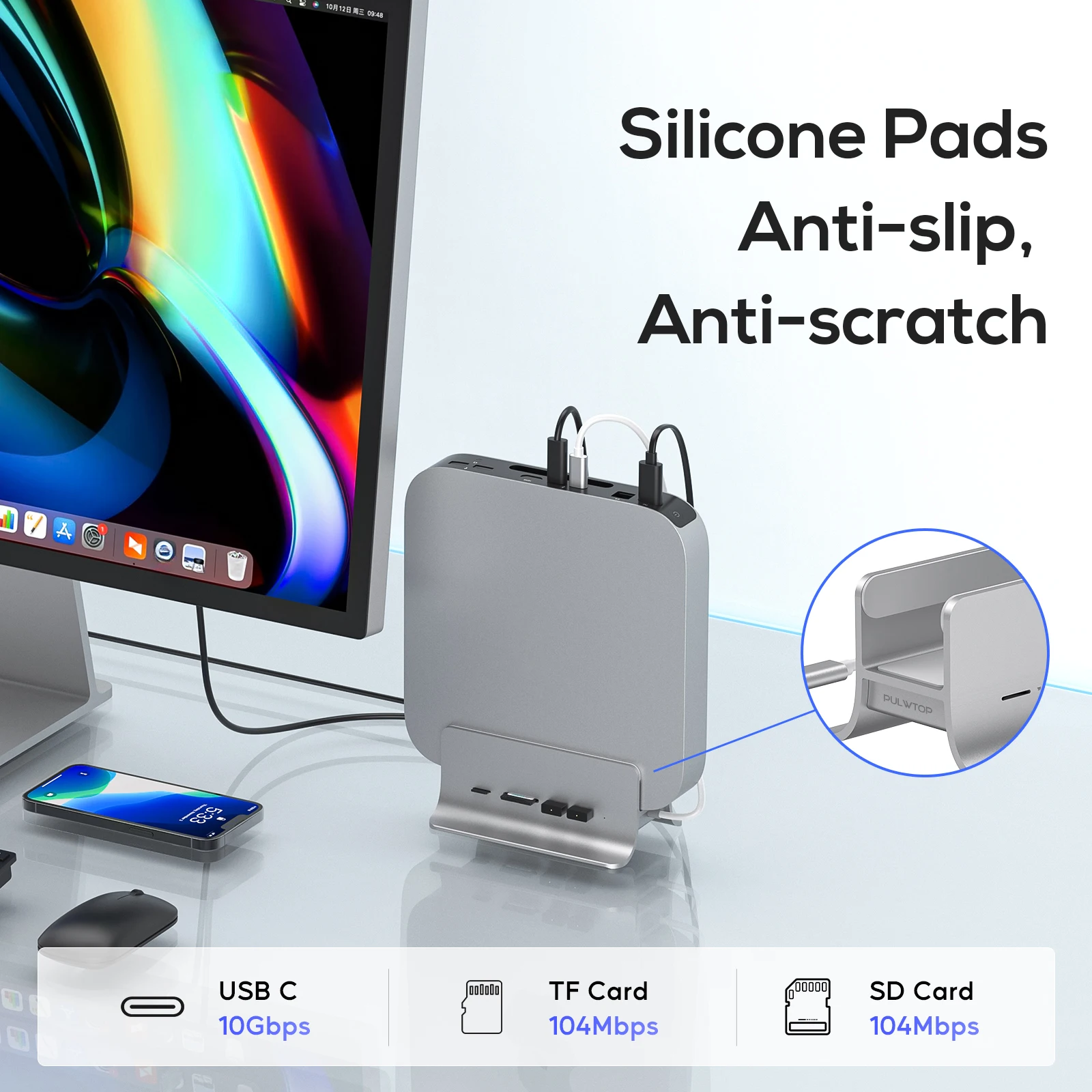PULWTOP 5-in-1 USB C Hub لجهاز Mac Mini M1/M2، محور mac mini يدعم توسيع M.2 NVMe SSD، مع 2x USB C 3.2 بسرعة 10 جيجابت في الثانية، SD/TF