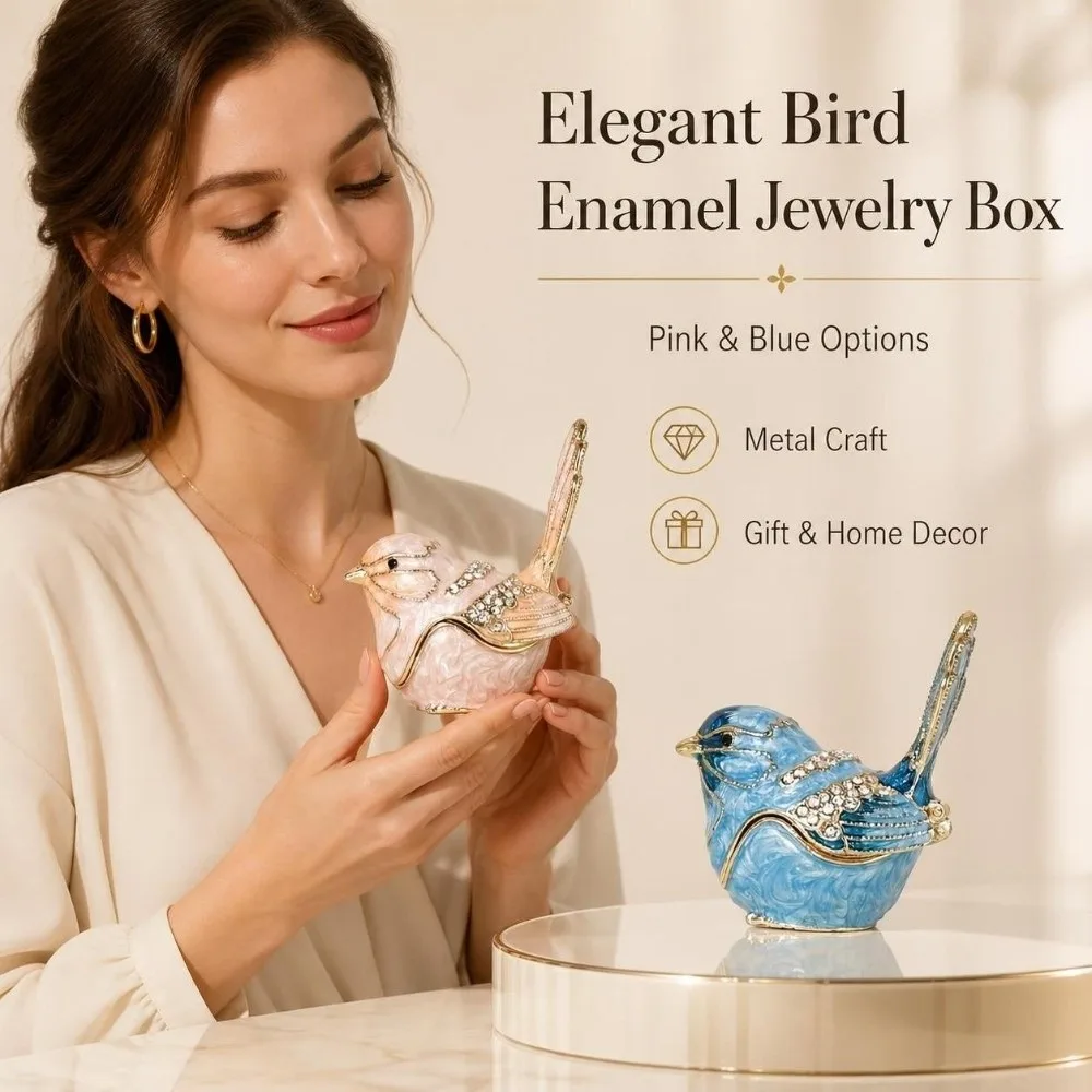 Bird Shaped Enamel Jewelry Box‌ Hand Painted Crystal Bird Figurine Ornaments Hinged Jewelry Storage Box