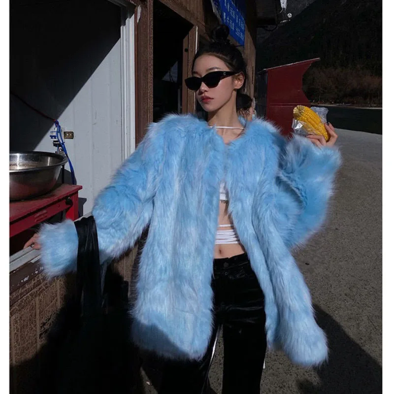 2025ใหม่ฤดูใบไม้ร่วงฤดูหนาวเลียนแบบFox Fur Jacketผู้หญิงเสื้อกันหนาวแฟชั่นหลวมแขนยาวสีขาวPlush Warm Mao Coat Outwear