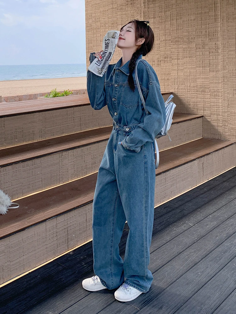 

2026 New Denim Jumpsuit Women's Spring Autumn Loose Slimming Casual Versatile Long Sve Jumpsuit Trendy High Waist Pants