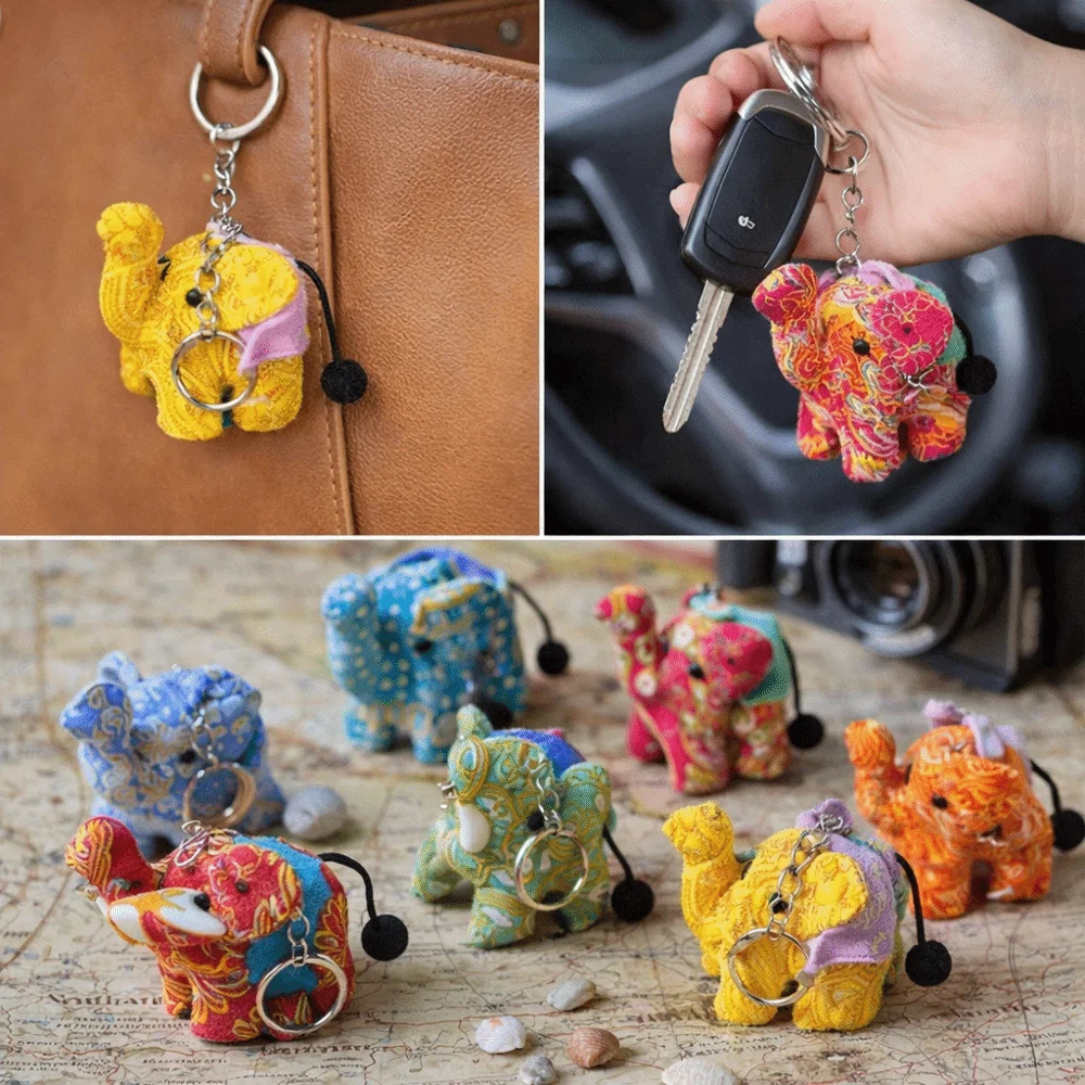 Traditional Thai Fabric Elephant Keychain Cartoon Handmade Ganesha Keychain Animal DIY Plush Pendant Cultural Souvenir