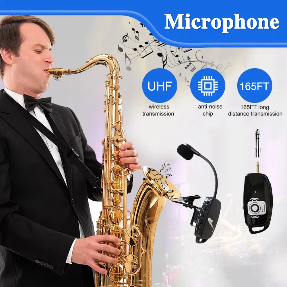 UHF Instruments Pickup Saxophone Microphone Wireless Receiver Transmitter Trumpet Trombone Professional Mic Plug and Play