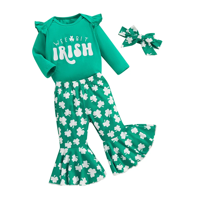 

St Patricks Day Baby Girl Outfit Letter Print Long Sleeve Ruffle Romper Flare Pant Headband 3Pcs Newborn Clothes