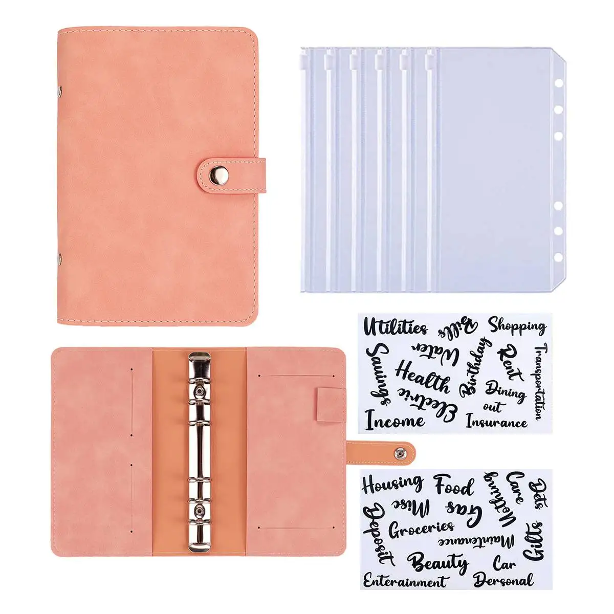 2024 Budget Binder A6 PU Leather Notebook Cash Envelopes System Set Clip-On Binder Pockets For Money Saving Bill Organizer Gifts