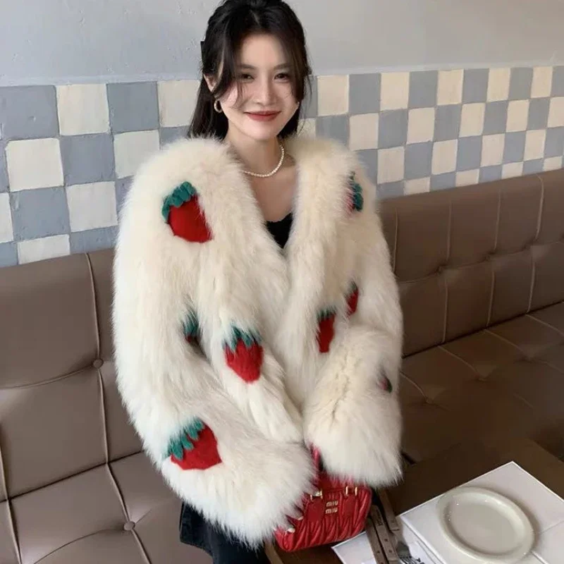 Luxury Lady Winter Crocheted 3D Strawberry Imitation Fox Fur Fluffy Coat Faux Mink Fur Bomber Jacket Flocking Knit Cardigan Tops