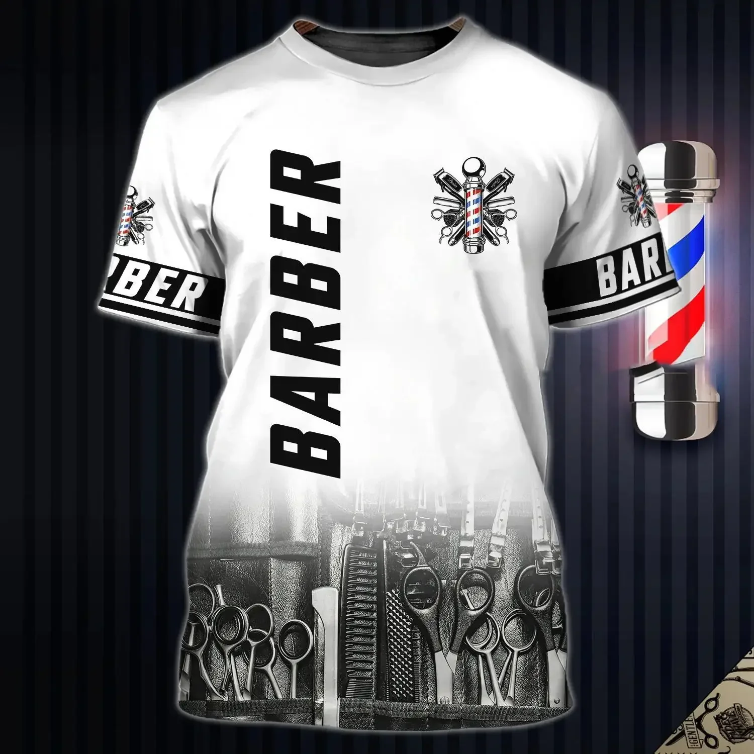 Summer New Men's T-shirt 3D Printed Pattern Barber Shop Comfortable and Casual Trend Round Neck Plus Size Top Casual Short Sleev