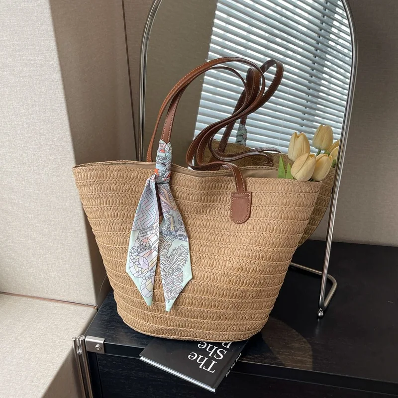 

Large Capacity Shoulder Bag Women Straw Woven Basket Handbag Summer Vacation Beach Shoulder Bags Lady Luxury Design Totes Bag