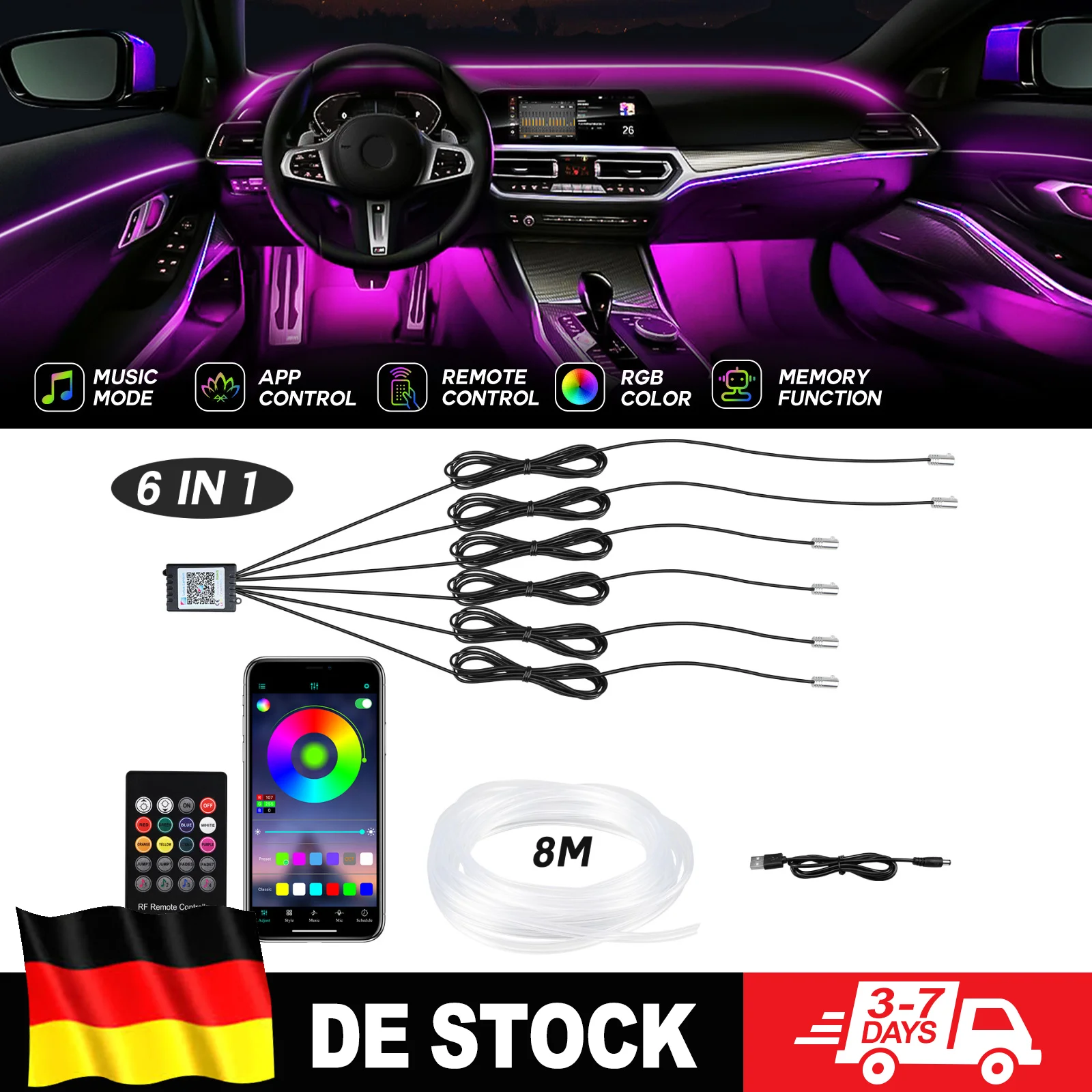 Tira de Luz LED Decorativa de Ambiente para Interiores de Auto, Fibra Óptica RGB de 10M 8M 6M, Control Remoto por Aplicación, Multicolor, Neón