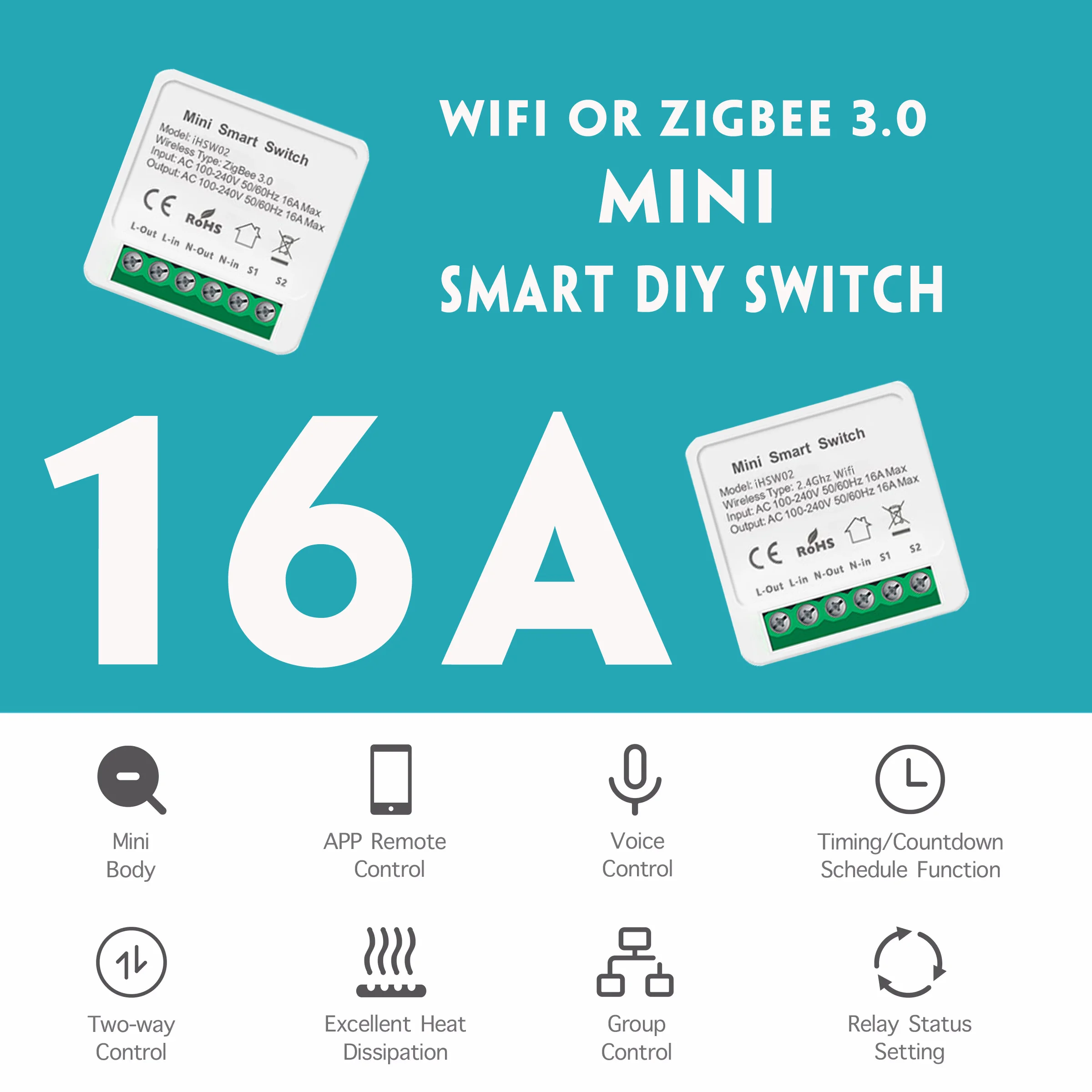 16A Tuya Wifi /Zigbee 3.0 Mini Smart DIY Switch 2 Way Control Smart Home Relay Automation Breaker Works With Alexa Google Home