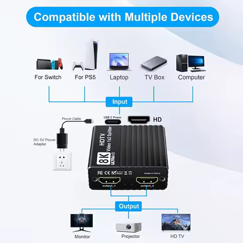 Duplicate/Mirror Splitter HD2.1 HDMI-Compatible 1 To 2 Splitter 8K60hz/4K120hz/1080P240hz for Set-Top Box Game Console Computer