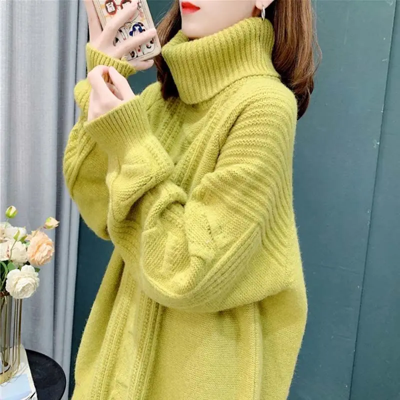 Vintage Turtleneck Pullover Women\'s Outside Wear Autumn Winter 2024 New Fashion Loose Long-Sleeved Knitted Sweater Jacket