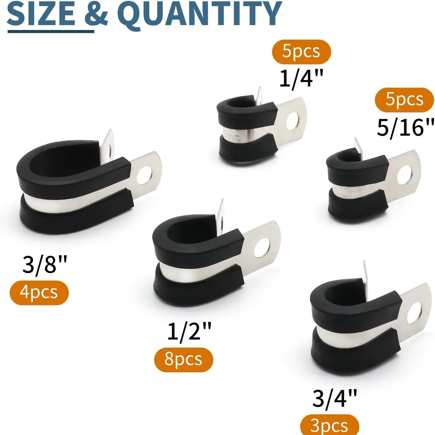 25Pcs 304 Stainless Steel Rubber Pad Pipe Clamp Cable Clamp Combination Set
