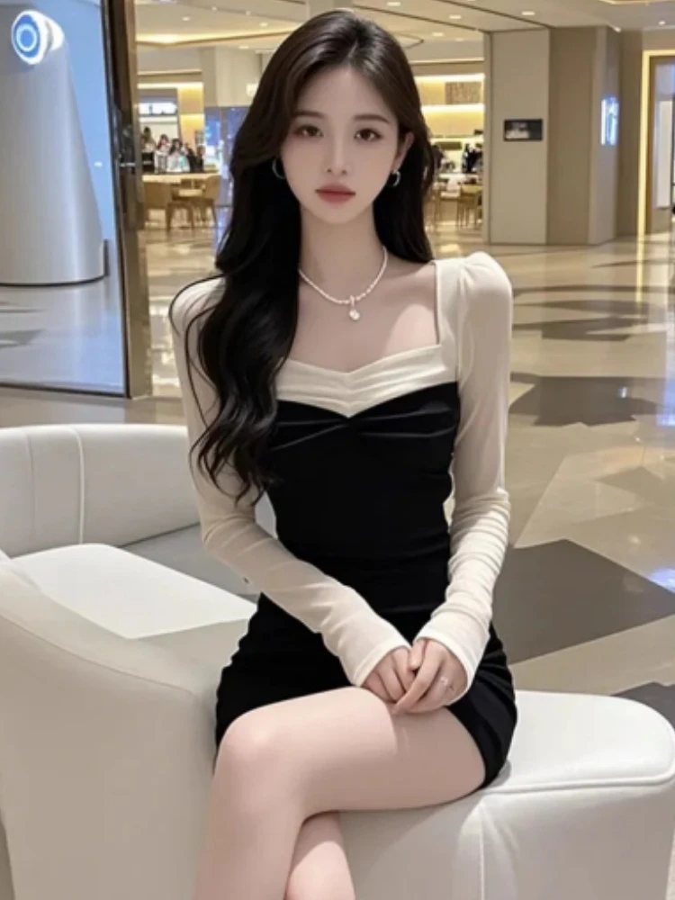 

Корейское женское платье в стиле Lady Style с длинным рукавом и цветовыми блоками, весна 2025, с завышенной талией, облегающее, стройнящее, модное, элегантное