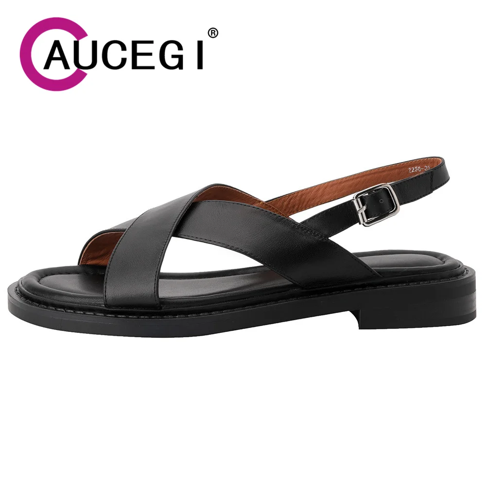 

Aucegi/женские сандалии на босоножках из натуральной кожи, пикантные новые летние элегантные повседневные туфли на низком каблуке с открытым носком и пряжкой