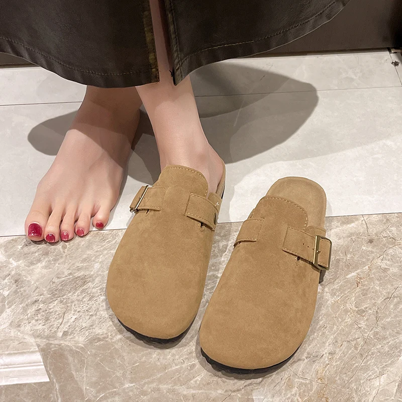 2025 venda quente senhoras sapatos dedo do pé fechado chinelos femininos ao ar livre chinelos casuais fivela dedo do pé redondo plana com sandálias femininas