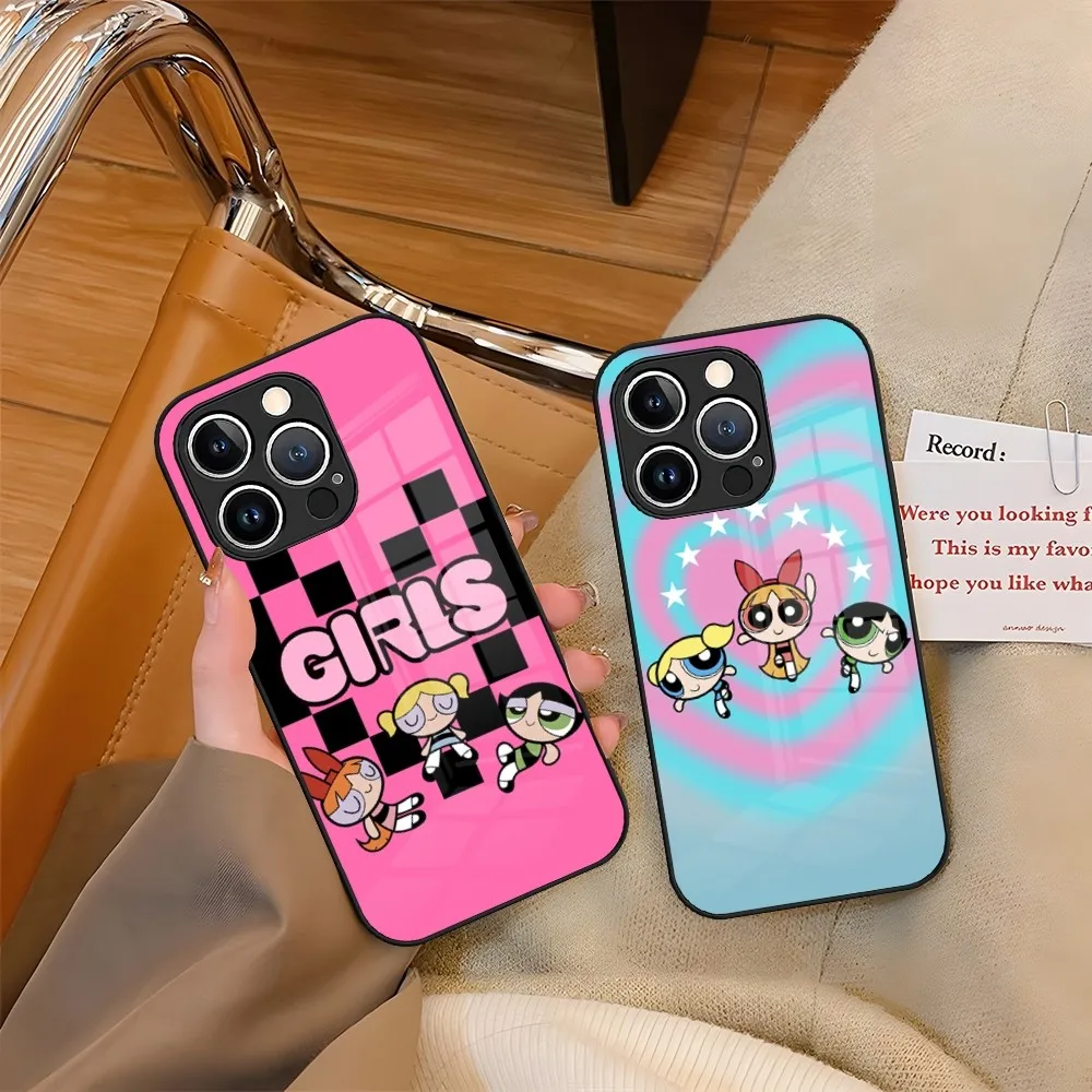 P-PowerpuffS G-Girls Phone Case Tempered Glass For iPhone 15 13 14 12 11 Pro XS Max Plus Mini X XR 8 7 6s SE2020 Coque