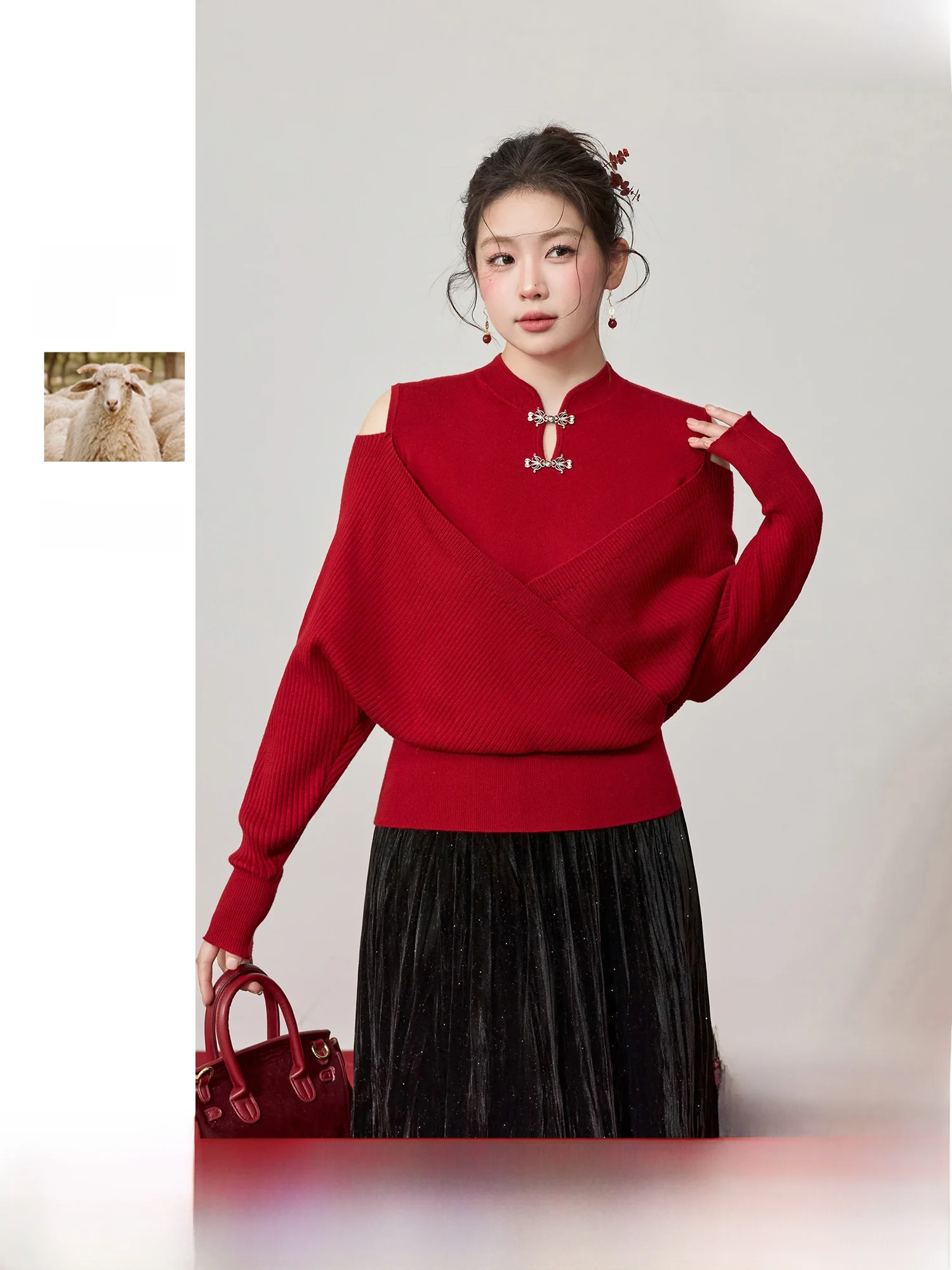 

Красный китайский свитер оверсайз для женщин, зимний, на Новый год, для помолвки, внутренняя одежда, с перекрестной талией, утягивающий, с открытыми плечами, вязаный