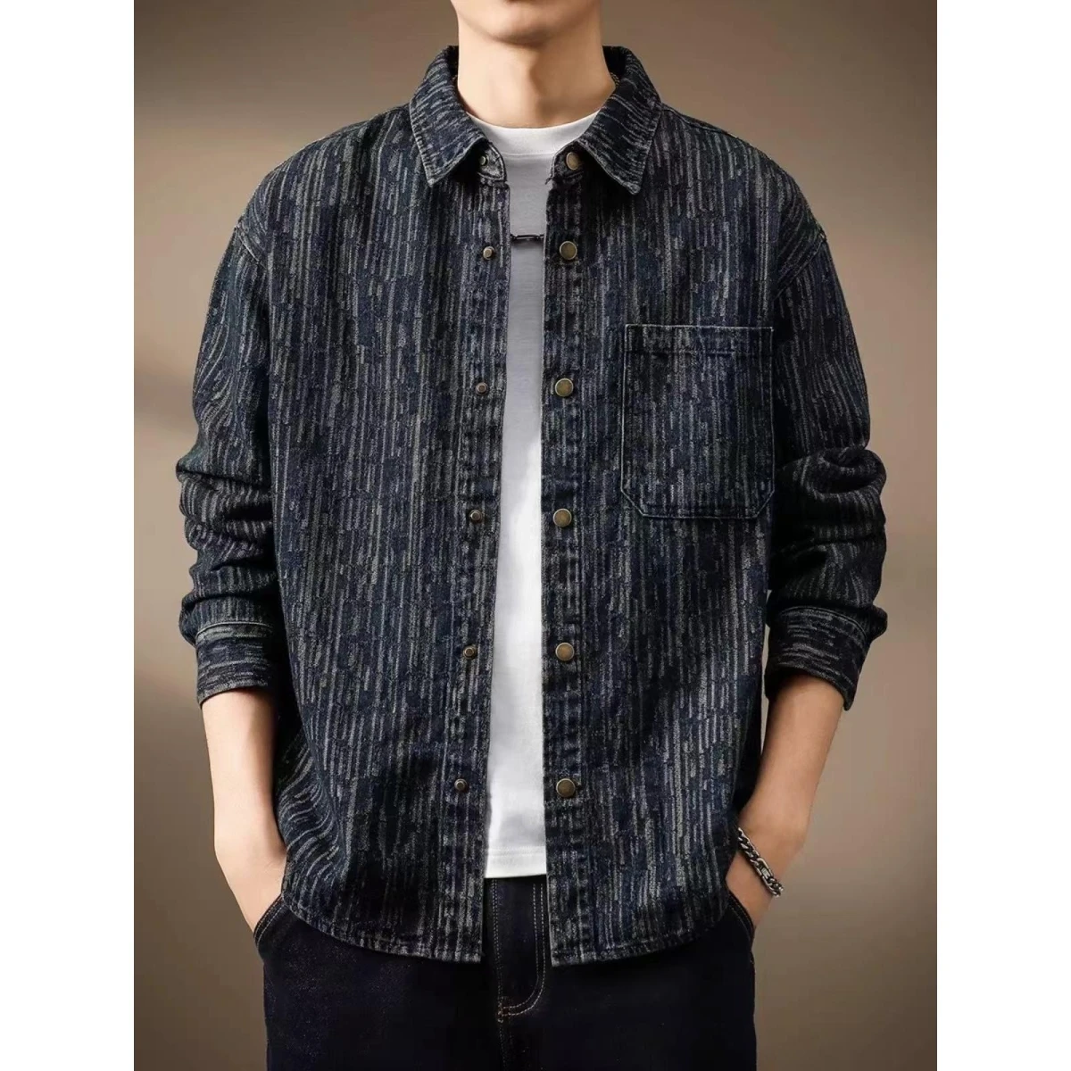 

High-End American Retro Embroidered Denim irt Men's Loose Large Size Spring Autumn Stripe Waed Jaet Trendy