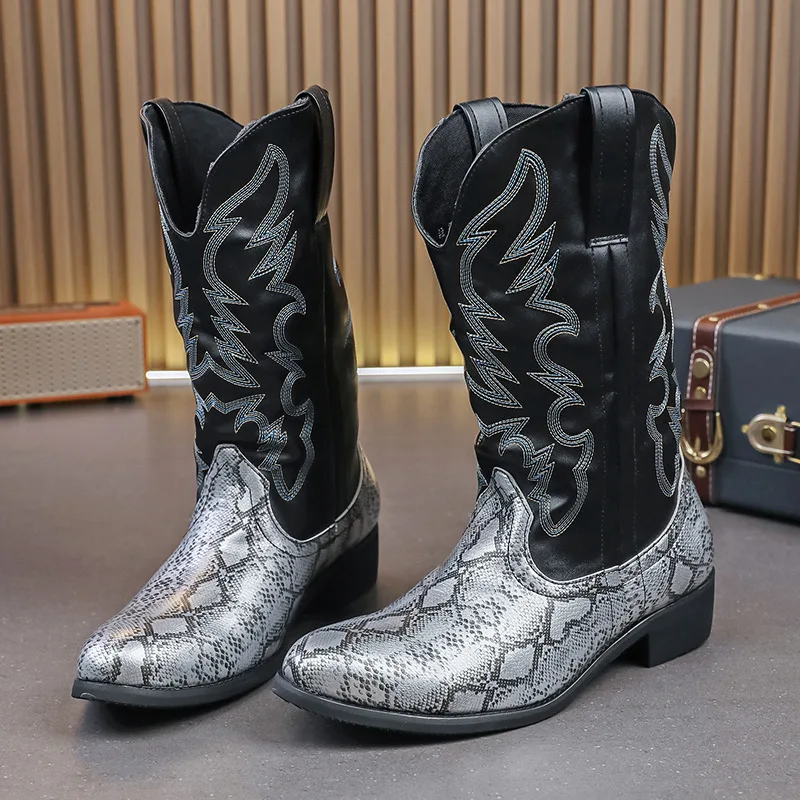 

Autumn Winter Silver Western Boots Men Comfortable Warmed Slip-On Leather High Boots High-Quality Cowboy Boots Man Plus Sizes 48