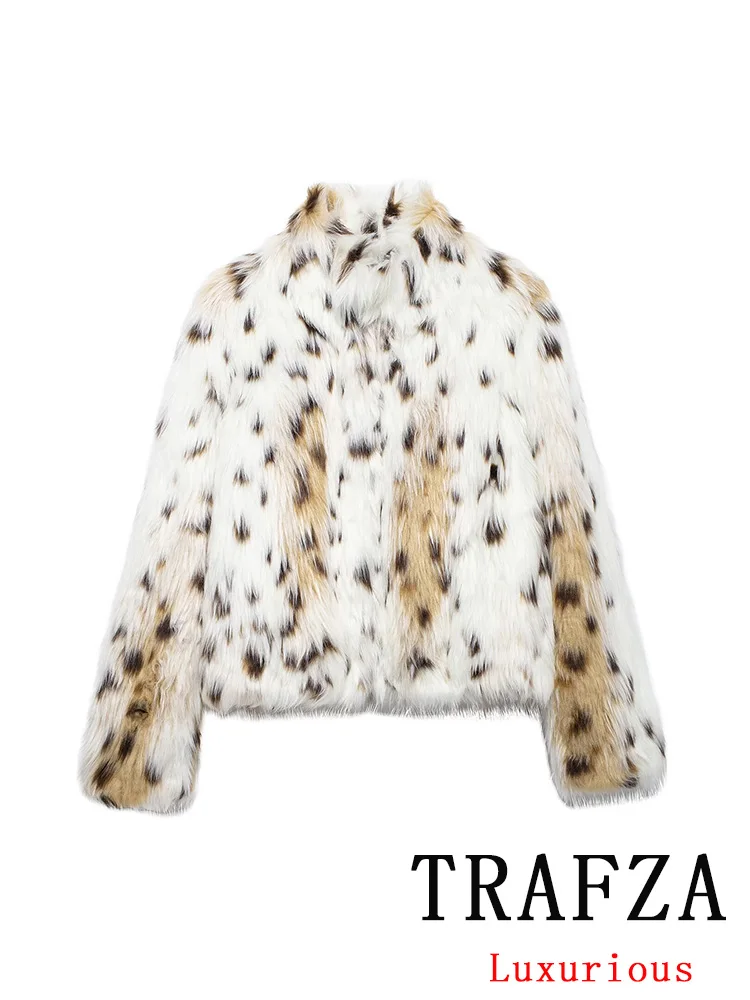 TRAFZA-casaco de pele sintética para mulheres, manga comprida, gola em O, jaquetas grossas, leopardo vintage, moda chique de rua, outono e inverno, 2024