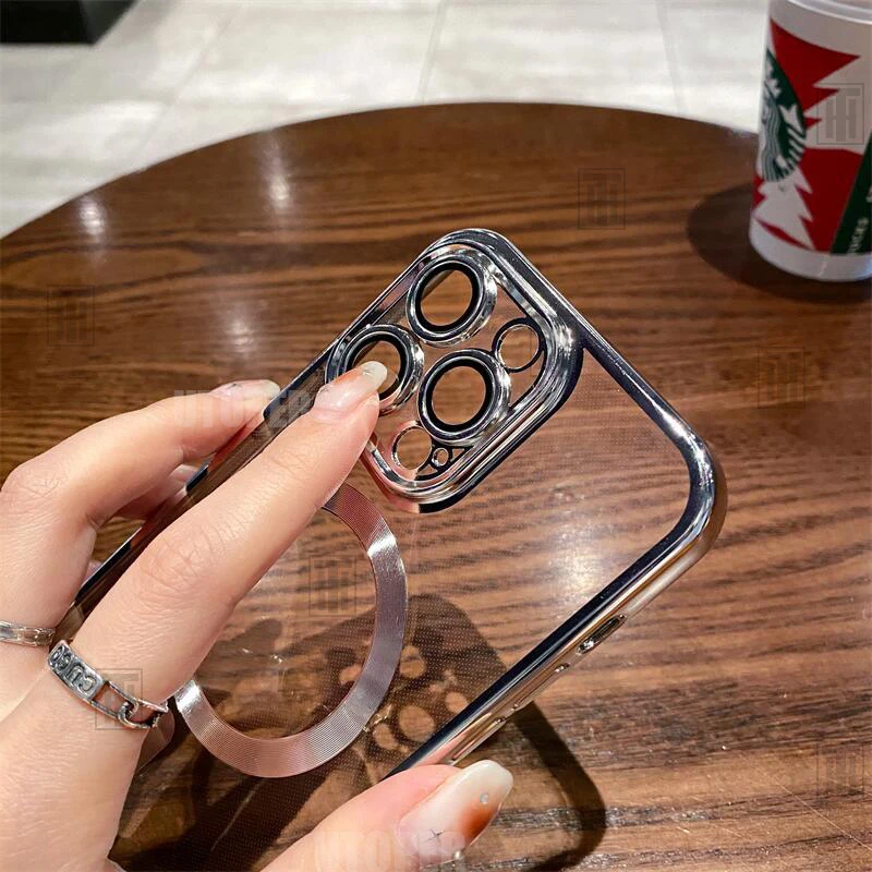 Official Magsafe Magnetic Plating TPU Phone Case for iPhone 15 14 13 12 11 Pro Max Plus Transparent Lens Film Protect Soft Cover