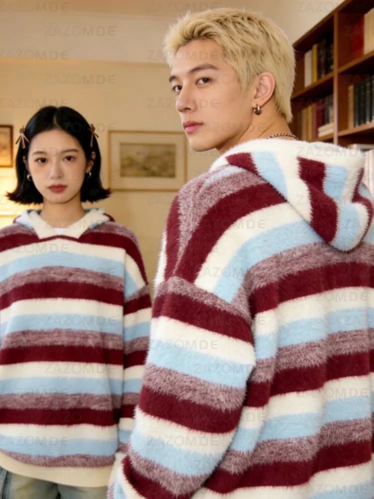 ZAZOMDEUnisex الأحمر مخطط معطف بقلنسوة رجل إمرأة عادية الشارع الشهير متماسكة البلوز مزيج القطن الناعم للأزياء الحضرية اليومية