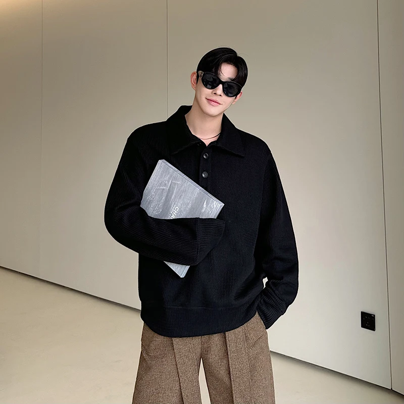 Korean Style Men's Sweaters Casual Solid Color Lapel Sinlge Breasted Loose Male Pullover Tops New 2024 Autumn Chic