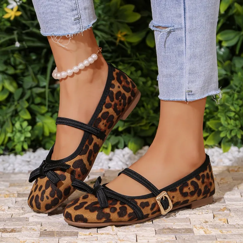 Vintage Leopard Print Mary Jane Flats for Women - Bow Decor Buckle Strap Square Toe Low Heel Daily Shoes