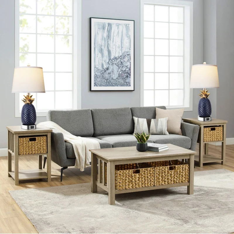 22 Inch Pineapple Set Of 2 3 Way Dimmable Ceramic Lamp Navy Blue Modern Living Room Lamp With USB Port Coastal Tall Table Lamps