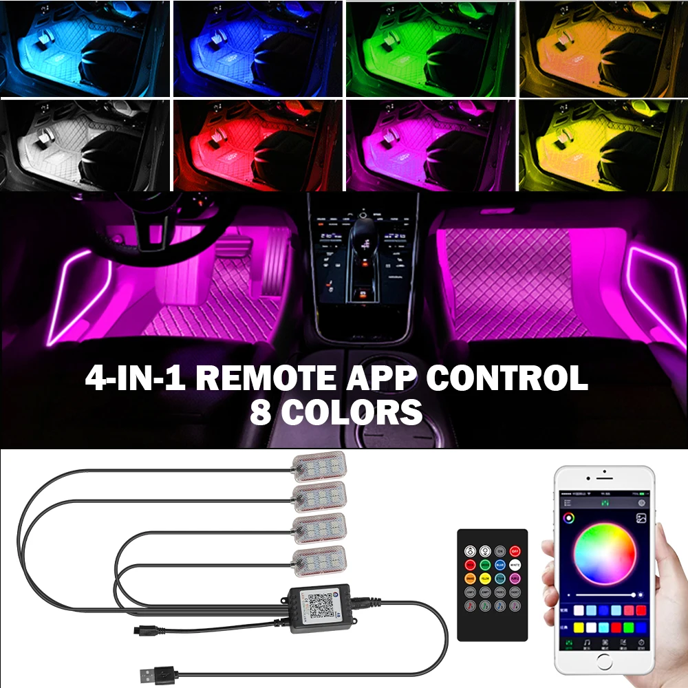 4in1 Auto Umgebungs Dekoration Lampe Kit RGB Neon Fernbedienung App Steuerung Zigarette/USB RGB Fuß Streifen Auto LED innen Atmosphäre Licht