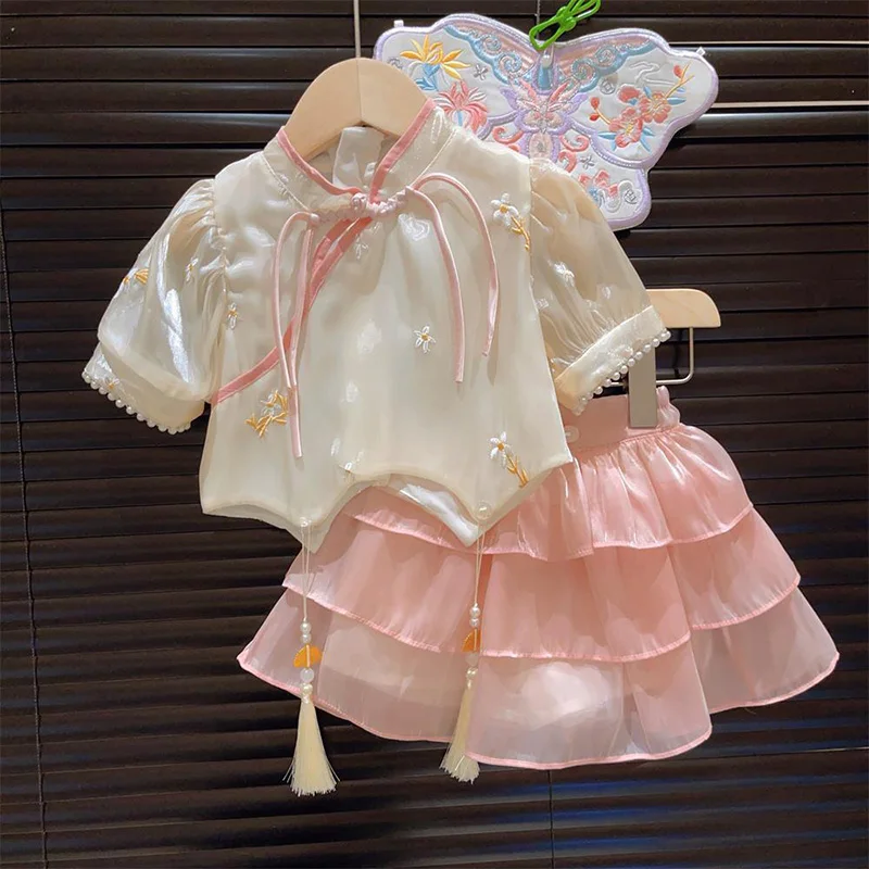 Toddler Girls Clothes Chinese Style Stand Up Collar Pearl Top Cake Short Skirt 2-Piece Set Summer New Children Outfit