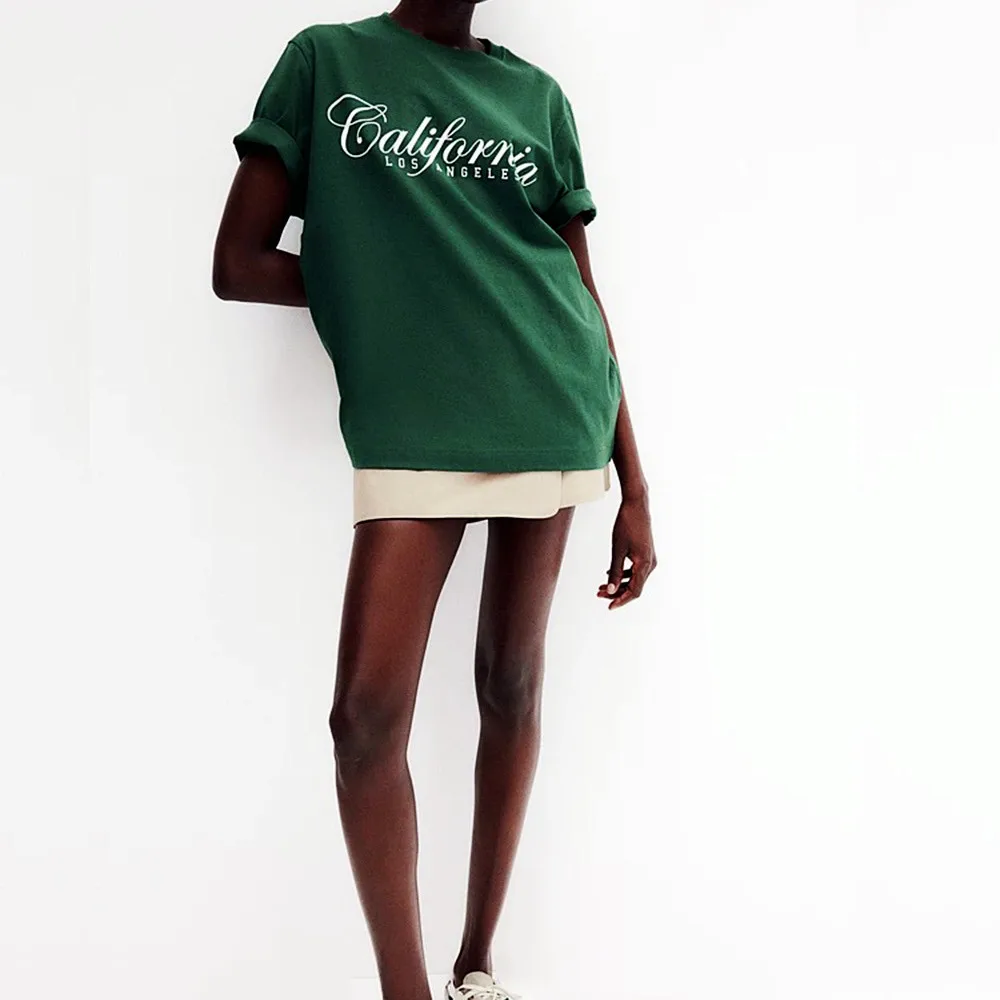 Californai Los Angeles Letters Printing Drak Green Loose Cotton T Shirts Female Vintage Style Short Sleeve Tops Ins Fashion Tees