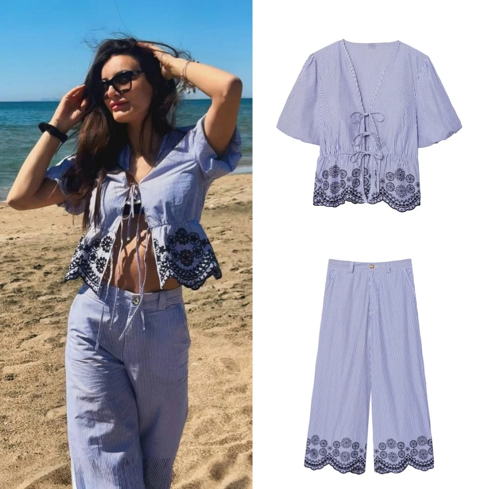 

PB&ZA2025Рубашка с v-образным вырезом и контрастной кружевной вышивкой, украшенная бантом + полосатый брючный костюм с высокой талией для летних женщин