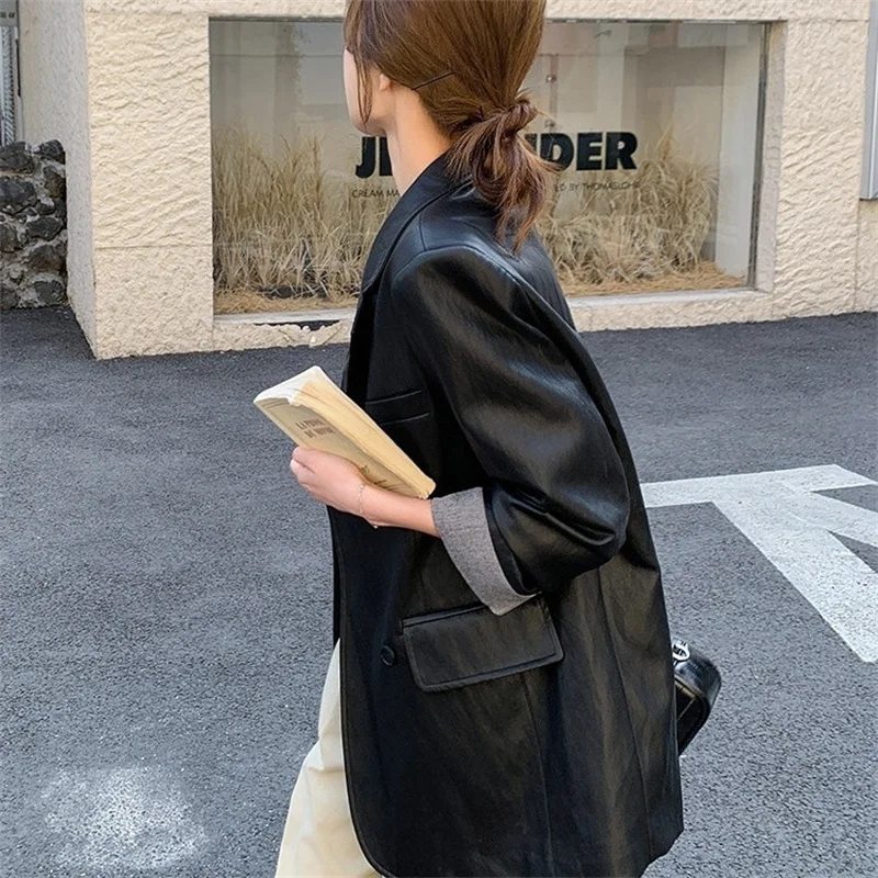 Spring Autumn Women Korean Casual Leather Jacket High-end Fashion Simple Suits Soft Leather Jacket Female PU Leather Blazer Coat 5