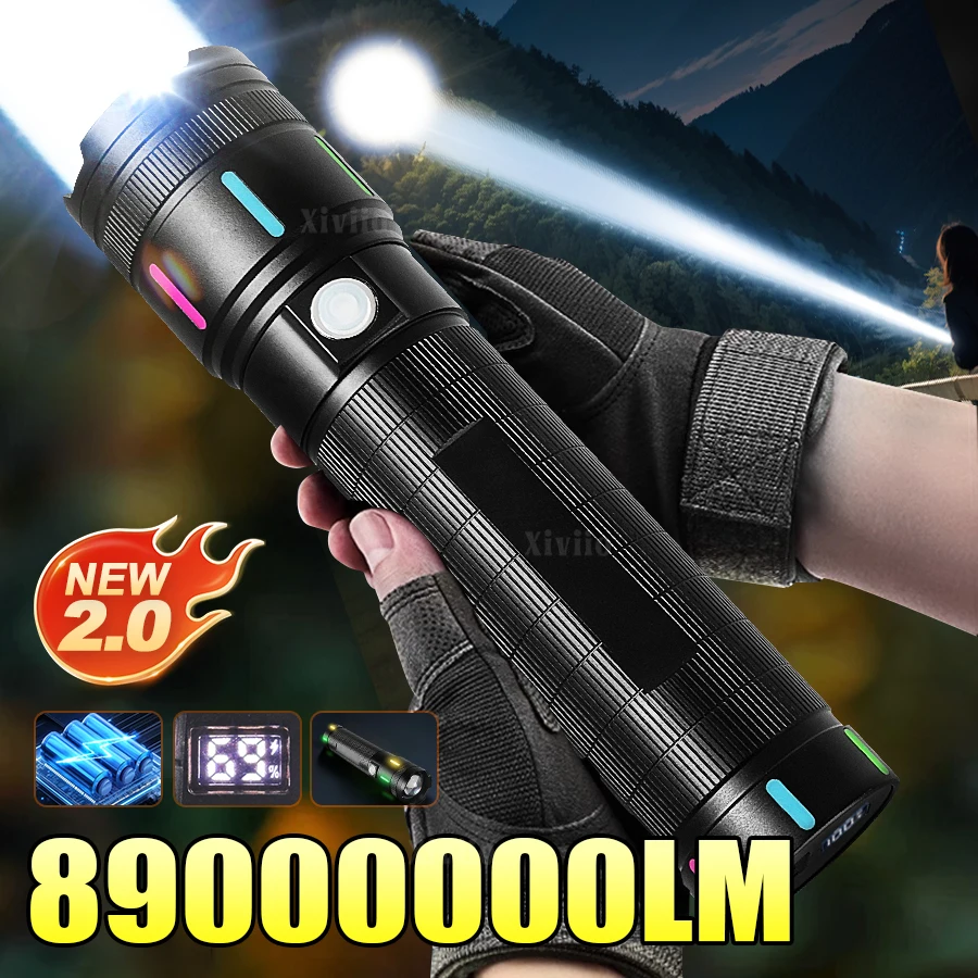 

2026 89000000LM Super Bright LED Flashlight Type-c Rechargeable Torch Long Range 4500M Tactical Flashlight Camping Fishing Lamp