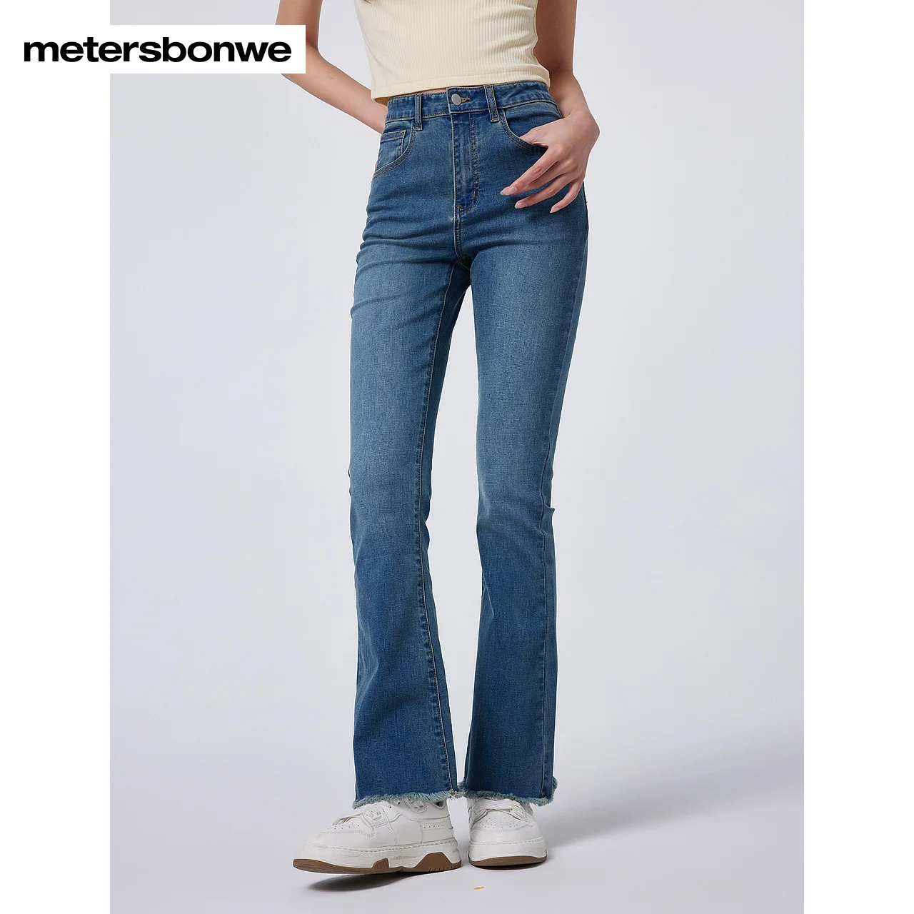 Metersbonwe-Women's Comfortable High Elastic Slim Flared Jeans High Waist Foot Edge Grinding Design Denim Trousers  Perennial