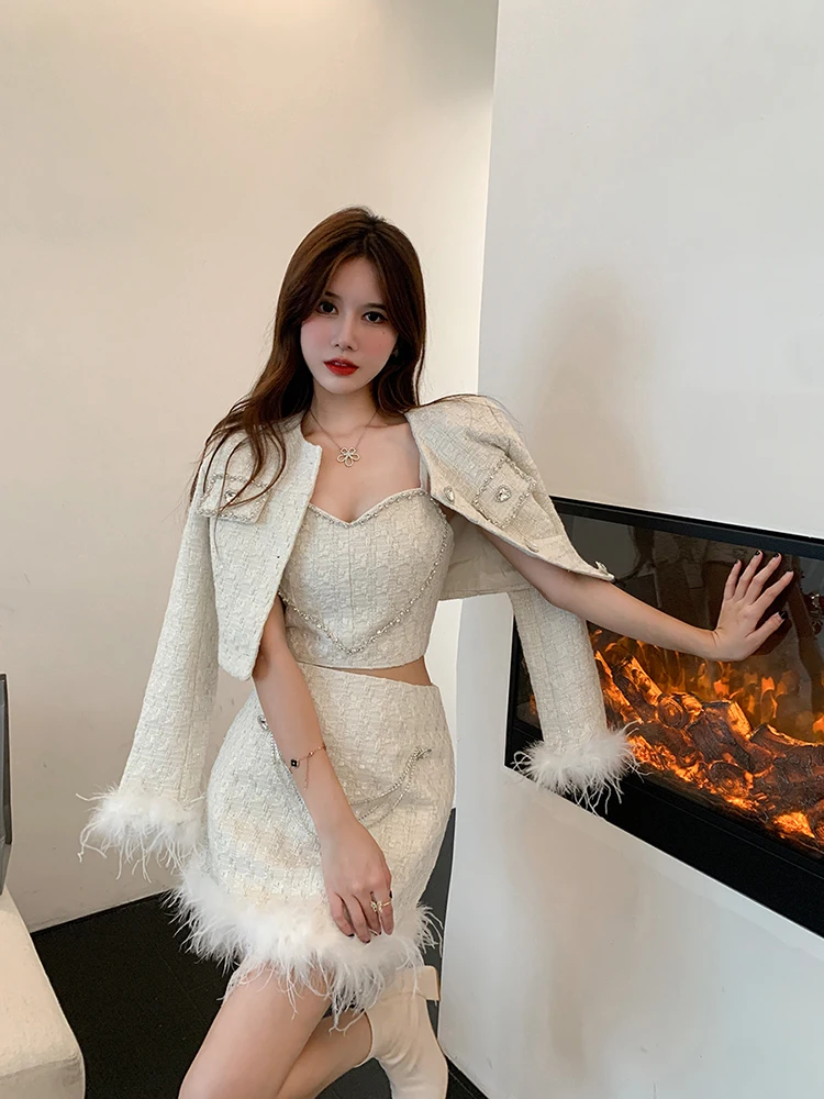 Sweet Women Autumn Birthday Party 3pcs Set Diamonds Heart Strap Top Tweed Jacket Feather Mini Skirt Slim Fit Set Elegant Outfits