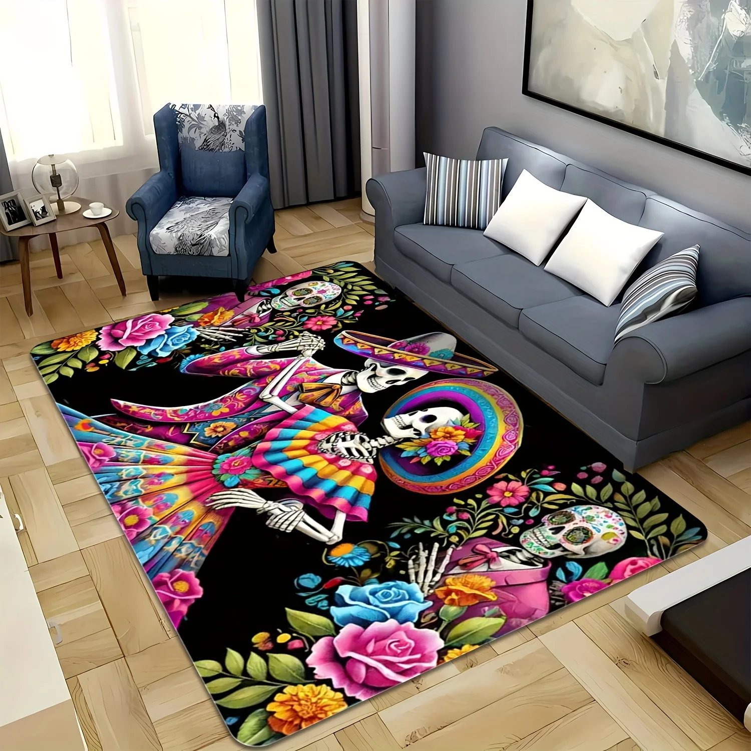 Vibrant Day of the Dead Mexican Skeleton Catrina Art Area Rug Boho Entrance Floor Mat Decor Halloween Home Accent