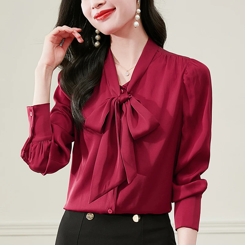 

New Elegant Shirts Blouses for Woman Long Sleeve Real Silk Bow Shirt Women Tops Spring Autumn Office Lady Work Wear Blouse