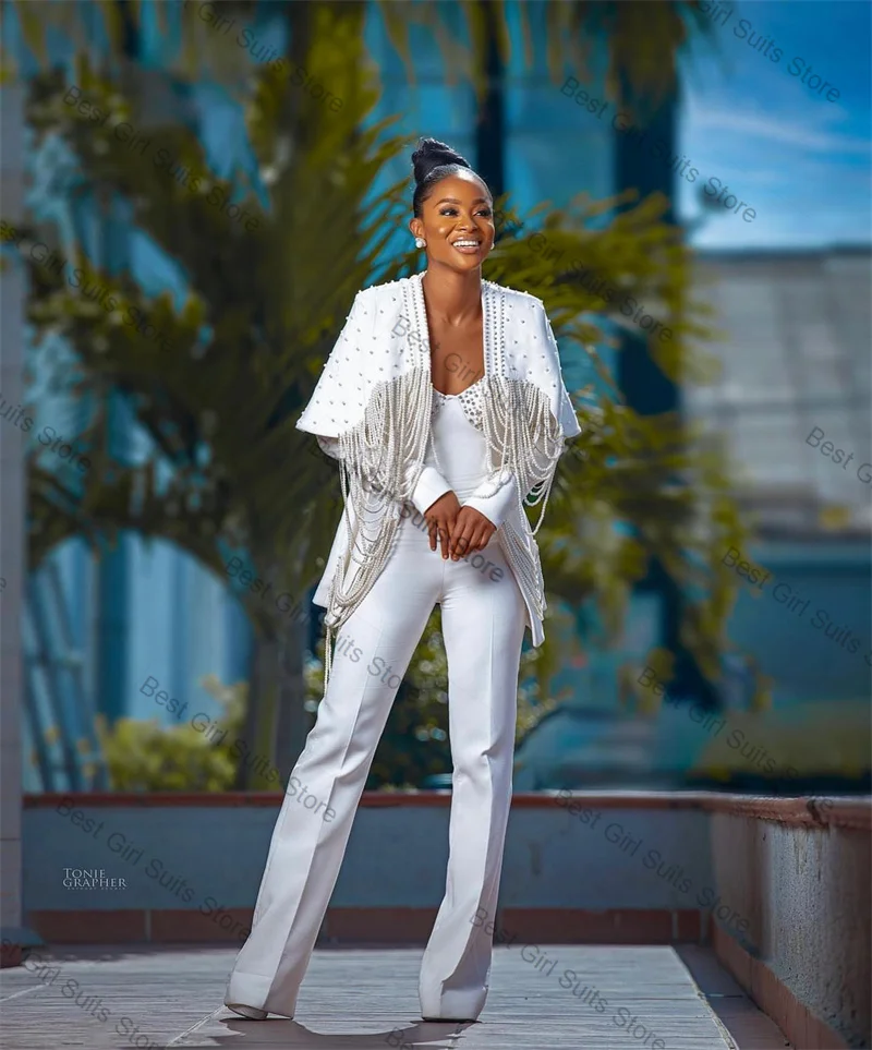 

Pearls White Women Suit Pants Set 2 Pcs Blazer+Trousers Luxury Formal Office Lady Jacket Customized Wedding Tuxedos Prom Coat