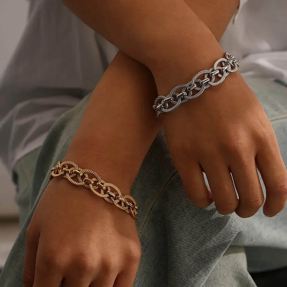 Minimal Versatile 18K Gold/Silver Plated Stainless Steel Handmade Special Cool Textured Chain Laminated Bracelet