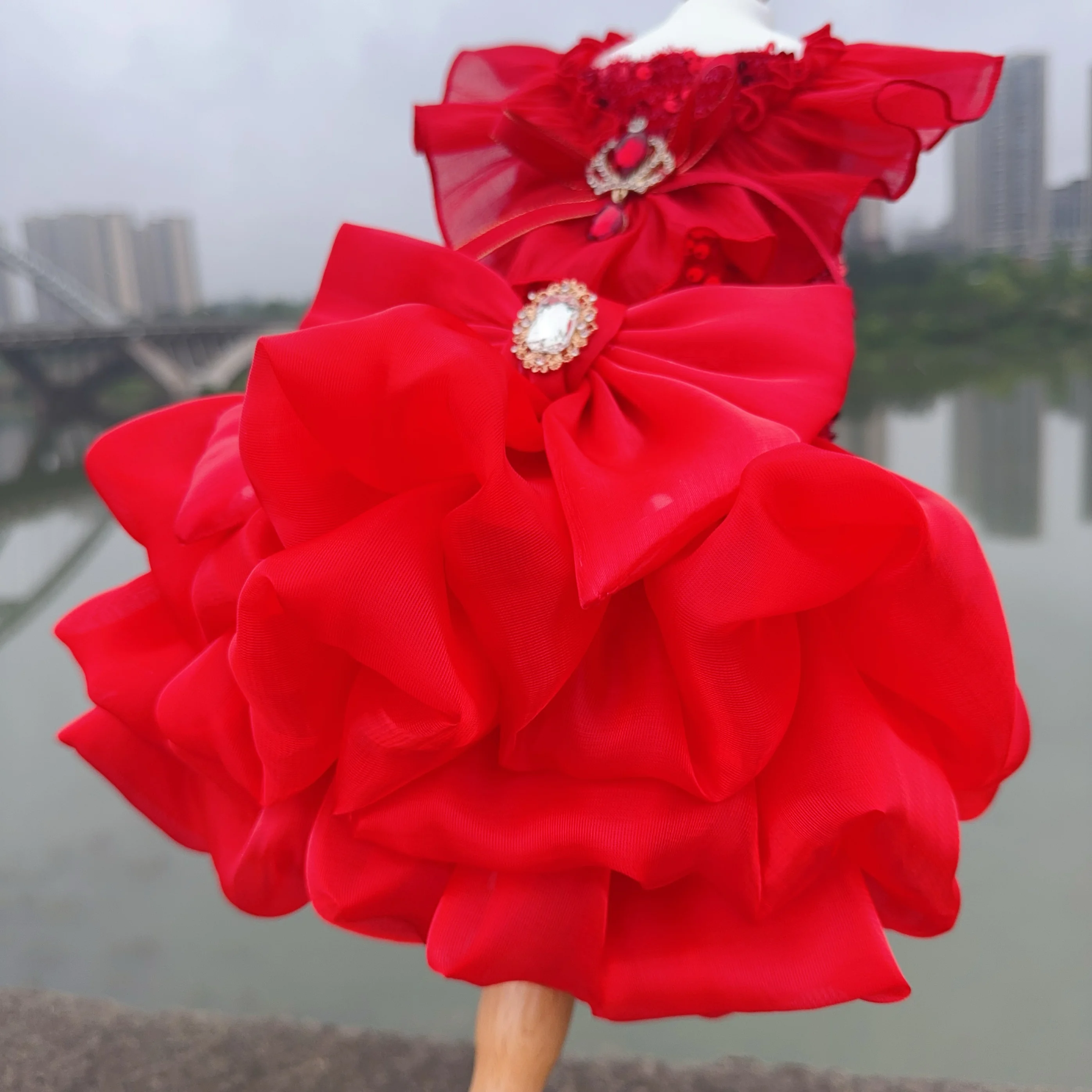 Fashion Red Pet Dog Clothes Luxury Handmade Cotton Lace Crystal Bow Princess Dress For Small Medium Dog Poodle Puppy Coat Skirts