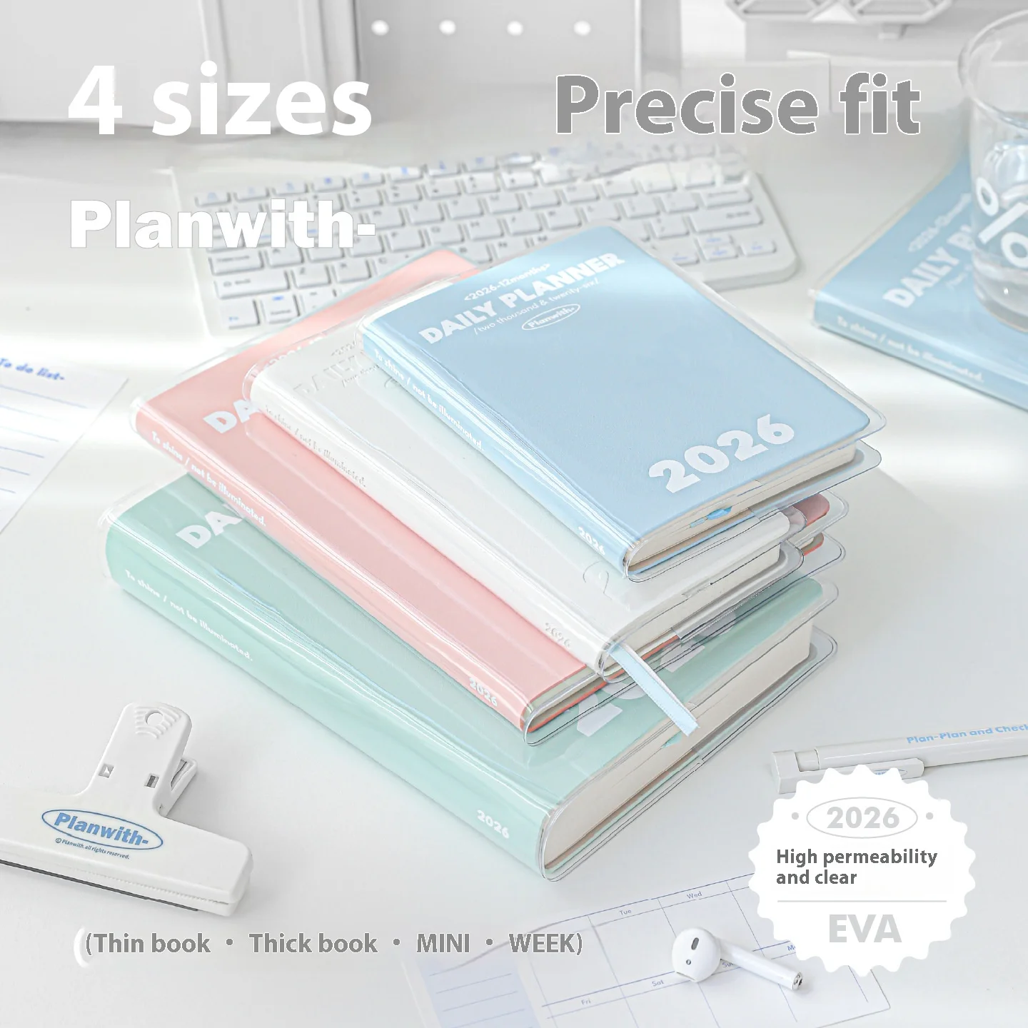 Planwith 2026 Planner Cover,Transparent Waterproof Book Protector Sleeve for Hard/Softcover Agendas Weeks Plan,Minimalist Design