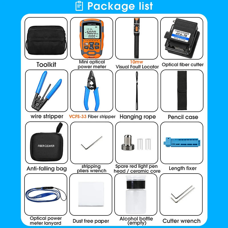 AUA-7S Fiber Cleaver Fiber Optic Tool Kit with -50~+26dBm/-70~+10dBm 3 in 1 MIni Optical Power Meter 10mw Visual Fault Locator