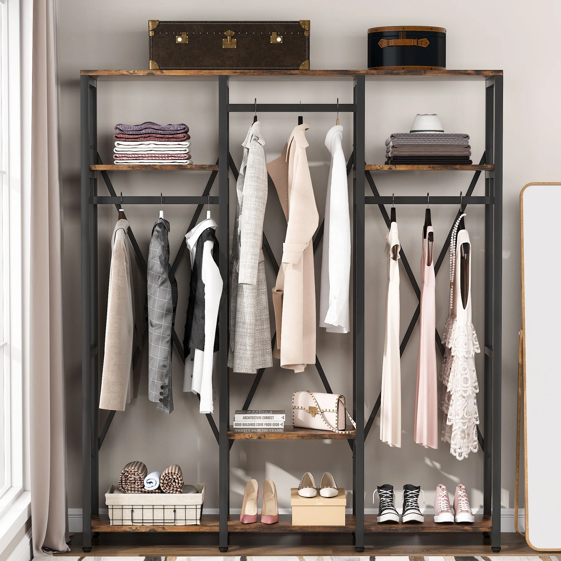 

pl-Multi-Functional Freestanding Clothing Organizer Rack for Bedroom & Living Room for Wardrobe & Bag Storage*