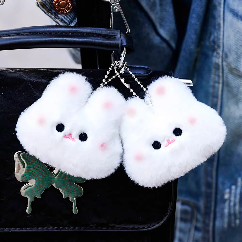 2pcs Cartoon Plush Rabbit Keychains Couple Cute Stuffed Animal Doll Keyring Charm Bag Pendant Kawaii Hanging Jewelry Accessory