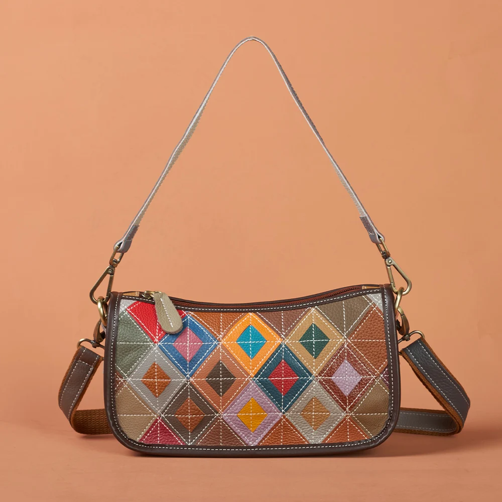 

Colorful Leather Crossbody Bag for Women, Ethnic Diamond Quilted Travel Purse with Adjustable Shoulder Strap & Colorblock Design