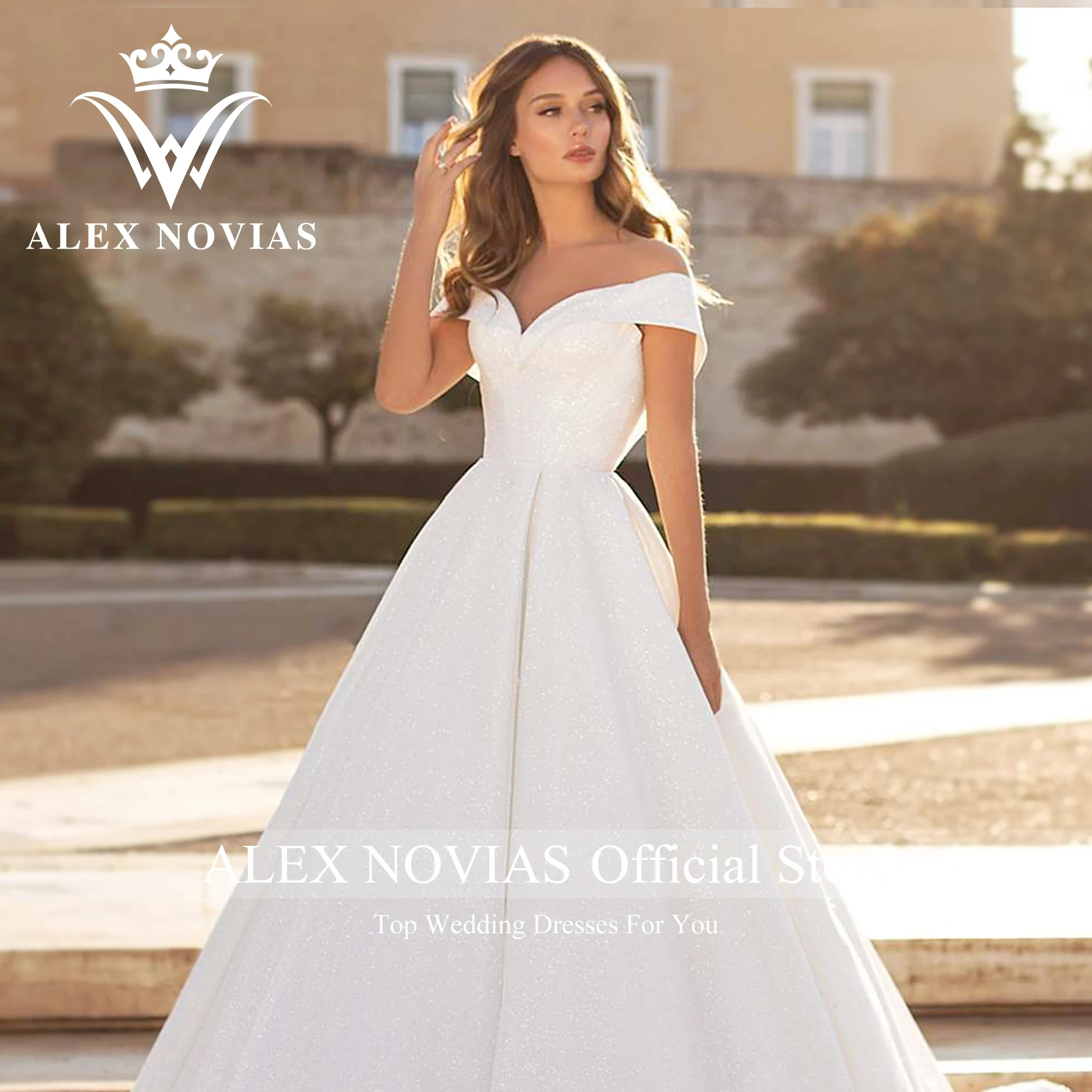 ALEX NOVIAS Ball Gown Satin Wedding Dresses 2023 Short Sleeve Semi-Transparent Sparkling Wedding Gown Vestidos Novias De Saten