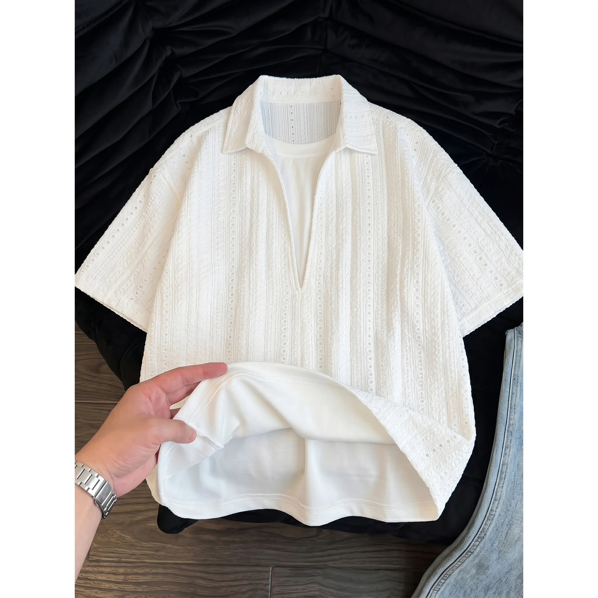 Men's Double-layered Openwork Vertical Striped Polo Shirt with A Two Piece Design Deep V-neck Collar and Breathable Casual Style
